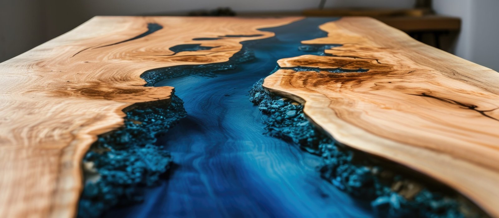 River table in costruzione assi legno grezzo assemblate con colata resina trasparente centrale e pietruzze incluse nel fiume lucido.