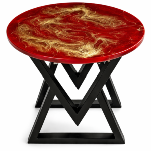 Tavolino rotondo in resina rossa e oro con gambe in metallo nero a V